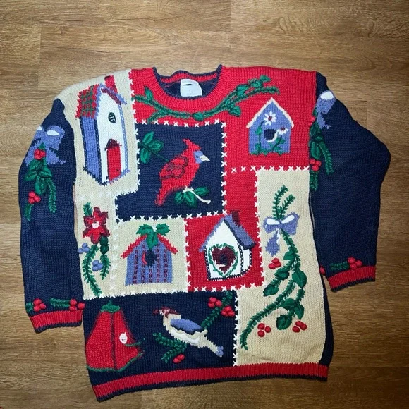 Christopher & Banks vintage 80s ladies sweater Cardinal, Quail, Birdhouse M - Picture 2 of 5